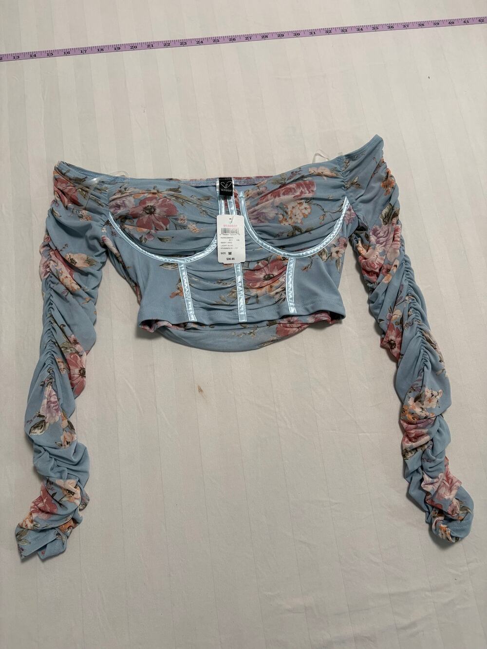 Windsor Blue Floral Mesh Corset Crop Top Off Shoulder NWT Size M